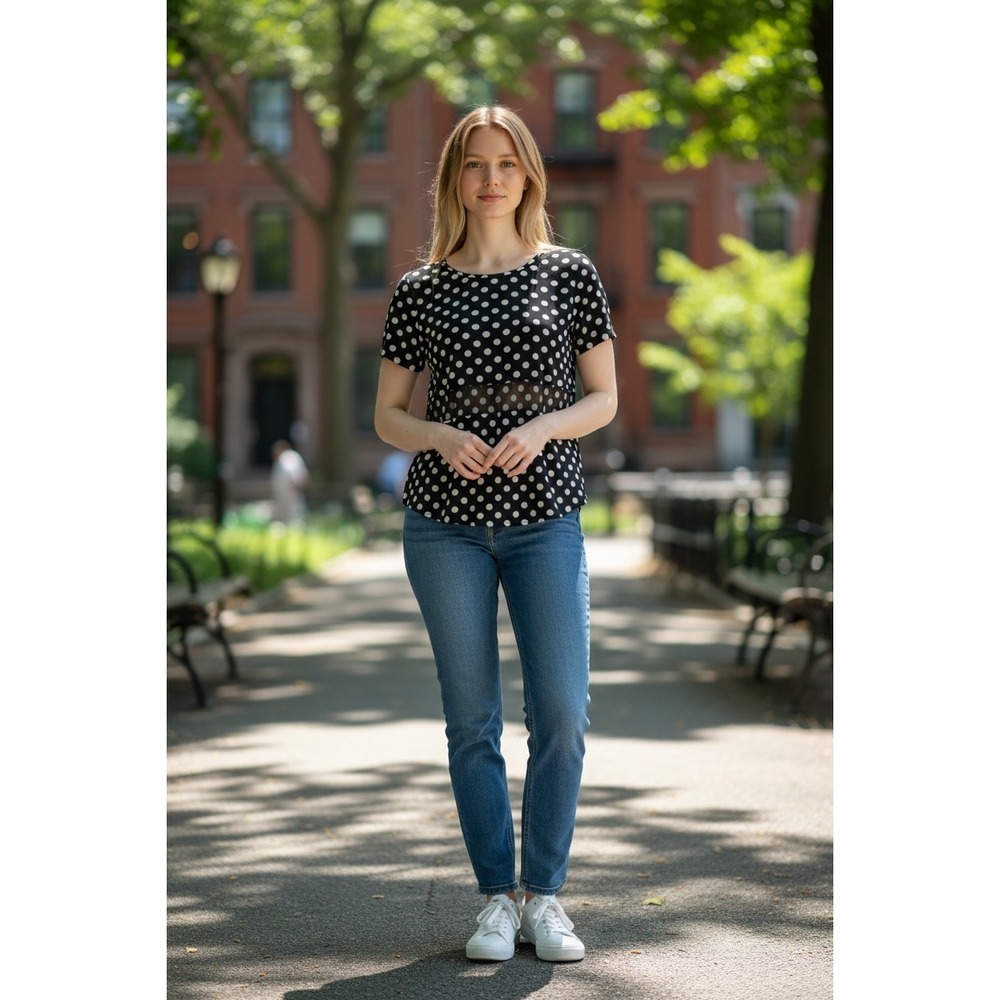 Elizabeth and James Silk Polka Dot Short Sleeve Blouse Black With Sheer‎ Panel